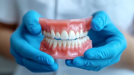 Expert dentist showing complete denture in gloved hands for dental health awareness, promoting confidence and a perfect smile, a modern solution