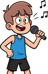 Cartoon boy singing with microphone, smiling face, musical notes, blue shirt, confident pose, vector illustration, children’s character, performance theme, fun art