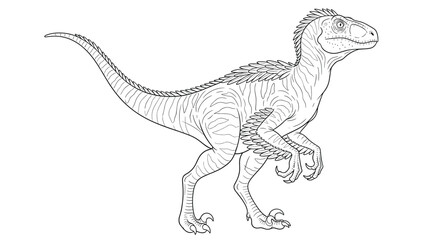 Detailed black and white line art illustration of a feathered raptor dinosaur in a dynamic walking pose, perfect for coloring books.