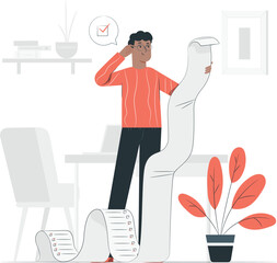 Man with long checklist and checkmark in speech bubble long list to do list