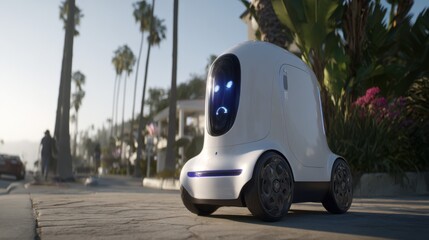 Friendly robot on urban street with palm trees, futuristic design, showcasing technology and innovation for modern lifestyles