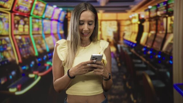 Woman holding smartphone and smiling while texting at slot machines in a casino; casual contentment.