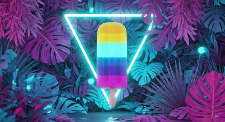 Vibrant layered popsicle glows with neon light in a tropical forest, perfect for summer promotions or eye catching product advertisements online now