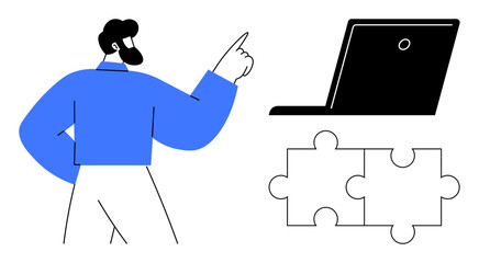 Man pointing toward a laptop with puzzle pieces nearby, symbolizing teamwork, education, innovation, problem-solving, leadership, technology, and creativity. Simple flat metaphor