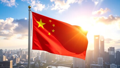 Radiant Rise: China’s Flag Illuminated by Sunlight Over a Thriving Cityscape, Symbolizing National Strength, Urban Progress, and Cultural Pride in a Moment of Patriotic Splendor and Modern Majesty