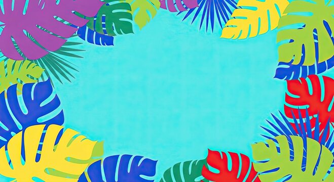 Vibrant tropical background with colorful monstera leaves, perfect for summer promotions, travel ads, and creating a fun, vacation vibe for your audience
