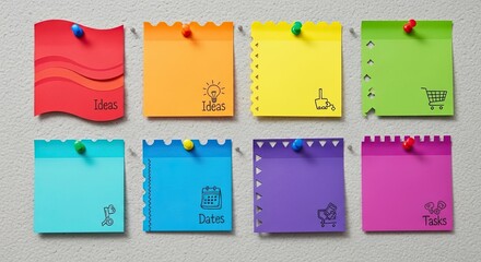 Creative colorful sticky notes for brainstorming ideas and planning tasks, appointments, and shopping lists, perfect for visualizing goals and staying organized