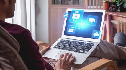 Multimedia technology with video, audio, photo and streaming icons representing digital media, communication and online platforms in a modern multimedia world. Gist - Powered by Adobe