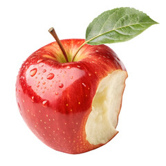 Bitten red apple with leaf isolated on transparent background