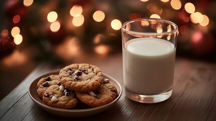 Plate of cookies and glass of milk on wooden table with Christmas lights  