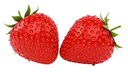 Two ripe strawberries with water droplets close up view on transparent background