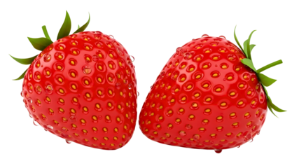 Two ripe strawberries with water droplets close up view on transparent background