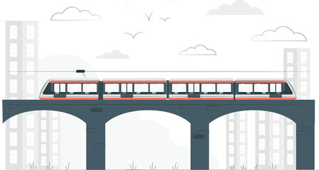Modern commuter train crossing a bridge over a city landscape Keywords: train, transportation