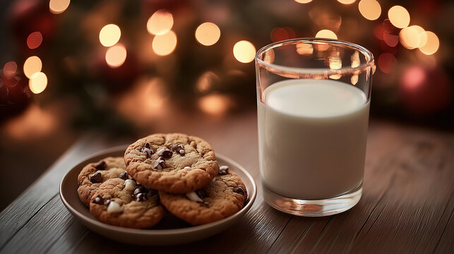 Plate of cookies and glass of milk on wooden table with Christmas lights  