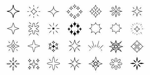 Collection of hand drawn sparkling starburst and glitter icons for design elements
