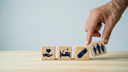 Healthcare protection concept with medical icons on wooden blocks
