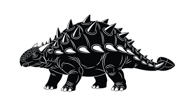 An artistic black silhouette of a heavily armored Ankylosaurus, showcasing its formidable spikes and characteristic tail club, isolated on white.