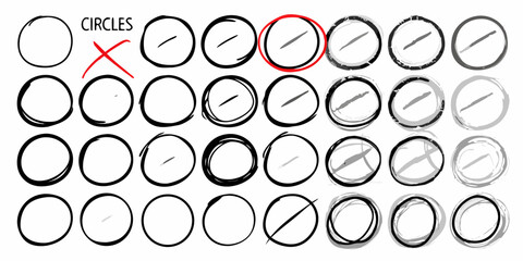 Selection of hand drawn circles with a red cross and a highlighted circle indicating choice or status