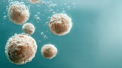 Stunning microscopic view of cells floating with water droplets, ideal for science, research, or medical presentations, informative and intriguing