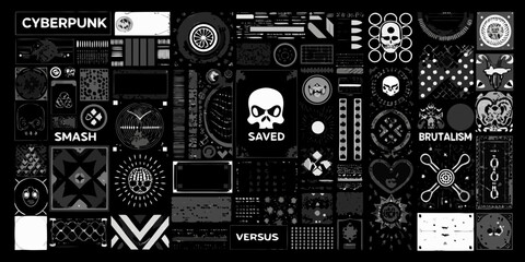 Collage of cyberpunk and brutalist graphic elements featuring skulls and geometric patterns