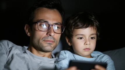 A tender moment is captured as a father and son share a quiet evening together, engrossed in their smartphone. This emotive image conveys themes of family, love, technology, and togetherness.