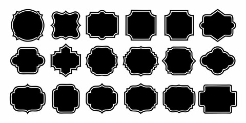 Collection of decorative black ornate frames and borders with white outline isolated on white background