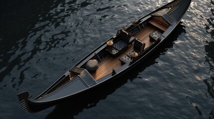 Obraz premium Elegant gondola on serene water with plush seating and decorative cushions for peaceful travel and leisure experiences