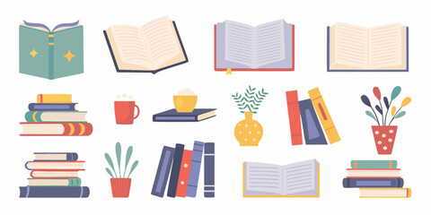 Collection of flat design illustrations featuring open and closed books stacks of books and potted plants