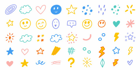 Collection of hand drawn doodle icons including stars hearts smiley faces clouds and lightning bolts in pastel colors