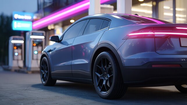 A sleek electric vehicle parked at a charging station during nighttime, showcasing modern technology and urban lifestyle.