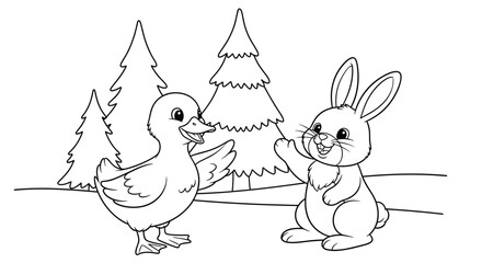 Fototapeta premium A joyful duckling and a friendly bunny rabbit wave hello in a snowy forest, presented as a delightful black and white coloring page.