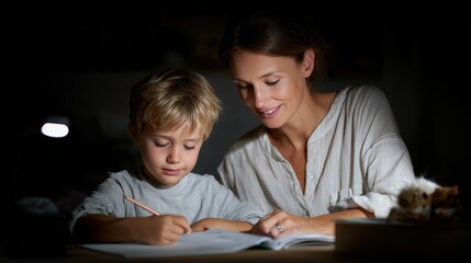 A tender mother guides her child's learning process at home, fostering a bond of love and knowledge in the serene intimacy of their shared space.