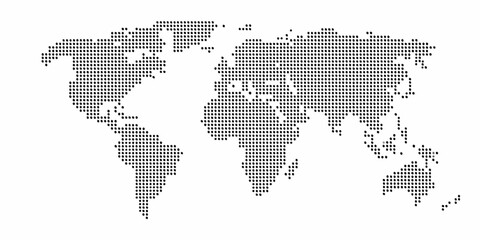 World map formed by black dots on a white background representing global connection and data visualization