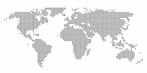 World map made of small dark dots on a white background representing global connections and data visualization