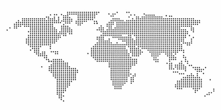 World map made of small dark dots on a white background representing global connections and data visualization