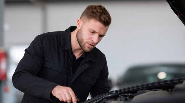 A focused auto mechanic attentively diagnoses the intricate details of an automobile engine, signifying expertise and dedication. 
