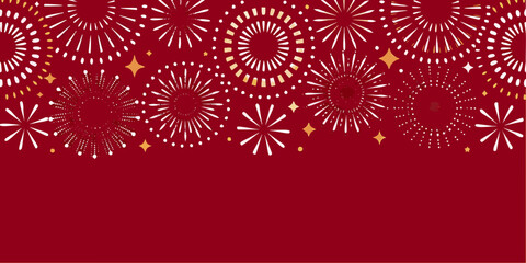 Festive red background with white and gold fireworks sparkles and stars border