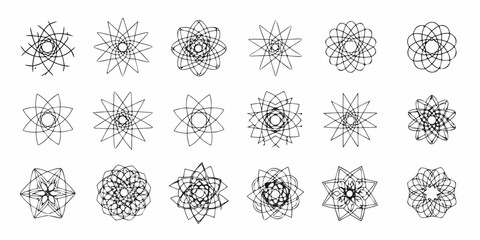 Collection of diverse black geometric starburst and mandala designs on white background