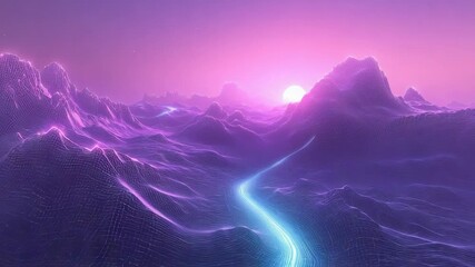 Retro neon wireframe mountains abstract landscape with glowing river - Powered by Adobe