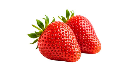 Two ripe strawberries with green leaves close up view on transparent background