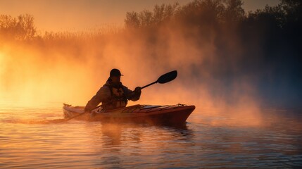Silhouette of a Kayaker Paddling Through Misty Water at Sunrise with Warm Orange and Yellow Tones in the Background