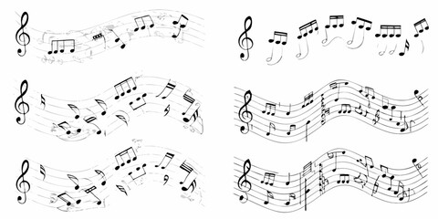 Collection of flowing musical staffs with treble clefs and various musical notes on a white background