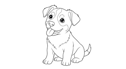 Fototapeta premium A cute and happy cartoon puppy sits with its tongue out, an adorable black and white line art illustration perfect for coloring.