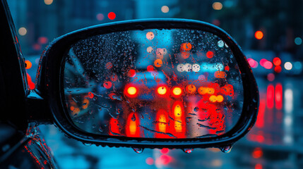 Close-up of a car side mirror reflecting city lights in rain