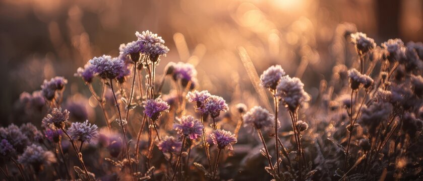 The Wildflowers Bathed in Warm Sunrise Light with Frosty Dew and Bokeh - Powered by Adobe