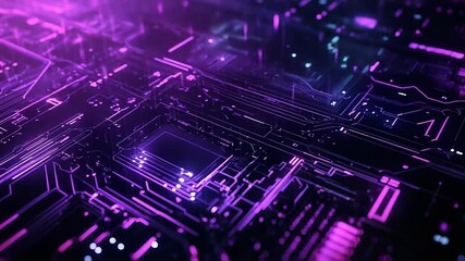 Digital circuit board processing data in glowing purple light - Powered by Adobe