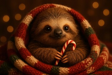 Adorable Sloth Wrapped in a Cozy Christmas Blanket Holding a Candy Cane