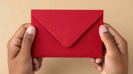 Fototapeta premium A pair of hands holding a vibrant red envelope against a soft beige background. Ideal for themes of communication and correspondence.