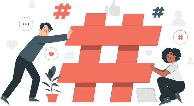 People Building a Large Hashtag Symbol Illustration social media networking