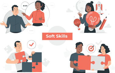 People collaborating and demonstrating soft skills with puzzles and ideas collaboration teamwork